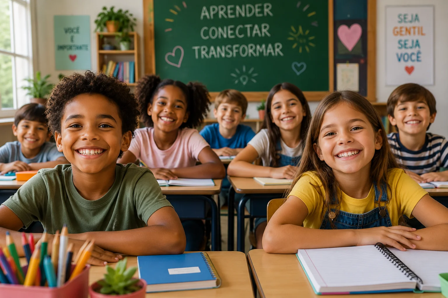 Turma sorrindo em sala de aula, com o quadro escrito Aprender, Conectar, Transformar